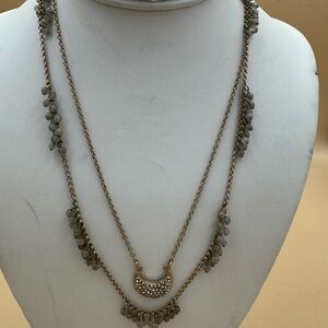 Gold-Tone Layered Crescent Pendant Necklace with Olive Green Beads 86